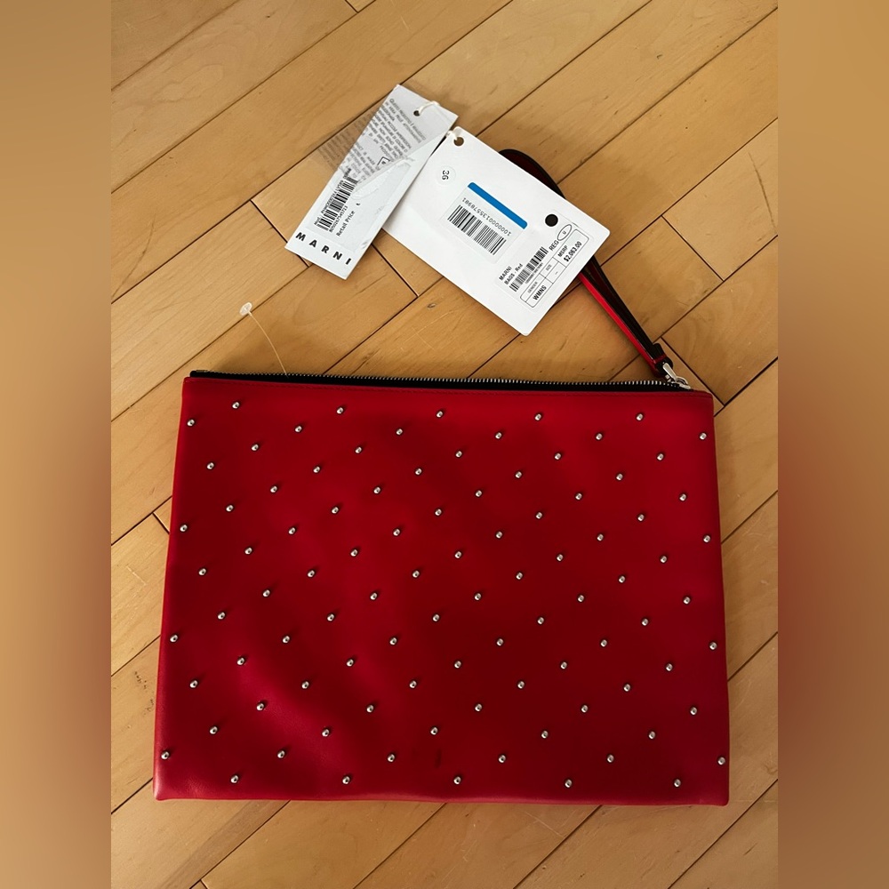 Marni Red Studded Leather Clutch Bag